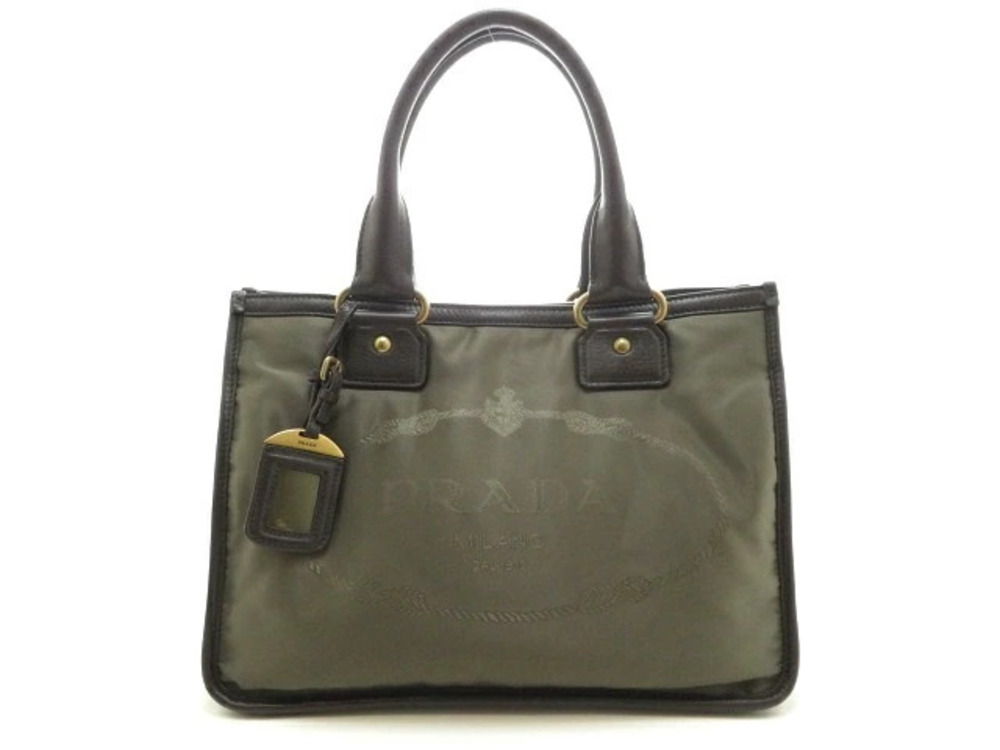 Prada bag jacquard shoulder calfskin Khaki Green dark brown